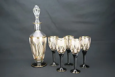 Buy Very Rare Vintage(1960s) Sherry Decanter And Glasses(5), Black, Gold & Etched • 136£