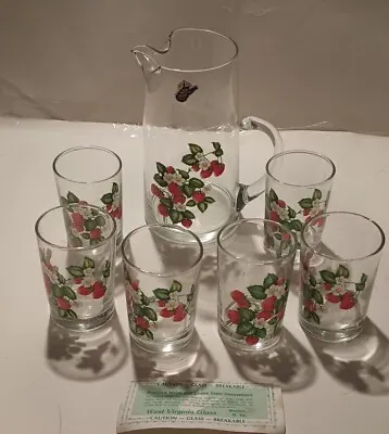 Buy 7-pce. Vintage West Virginia Glass Co. Beverage Strawberry Pitcher 6 Glasses  • 151.73£