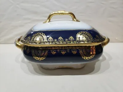 Buy Antique Serving Bowl & Lid Square Cobalt Blue Gold M Redon Limoges France 1880 2 • 121.59£