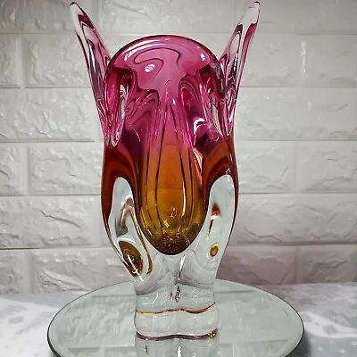 Buy Czech Chribska Cat's Head Glass Vase By Josef Hospodska Amber Pink 1.9kg • 29.99£
