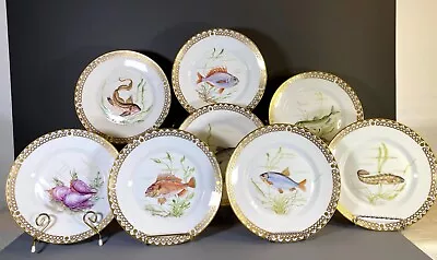 Buy Set 8 Danish Royal Copenhagen Handpainted Signed Gilt Fish Plates,stunning, 1947 • 1,897.46£