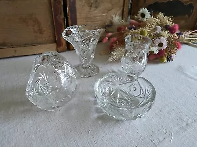 Buy 4x Vintage Small Cut Glass Lead Crystal Flower Basket Ornament Small Vase Bowl • 18£