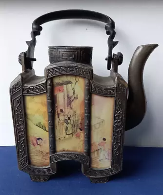 Buy Antique Chinese Pewter Teapot Glass Painted Panels Qing (?) 19th C • 39.20£