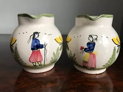 Buy Pair Of Vintage French Quimper Earthenware Jugs Showing Breton Girl And Boy • 40£