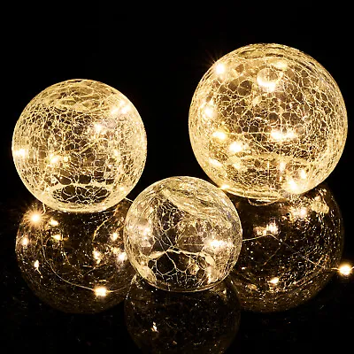 Buy 3pc Fairy Light Crackle Glass Orbs - Set Of 3 Warm White LED Ball Lights Home UK • 12.95£