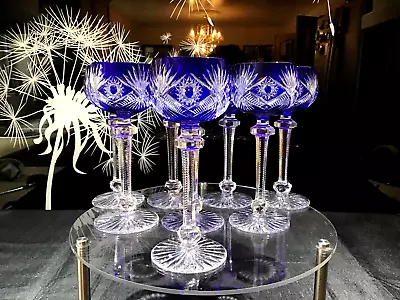 Buy 8 X Bohemia Cobalt Blue Cut To Clear Crystal Hock Wine Glasses - VERY RARE! • 410£