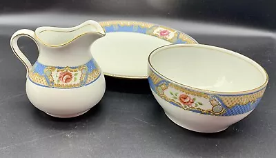 Buy Vintage Myott China Bowl, Milk Cream Jug And Plate - Blue Design With Rose • 10.50£
