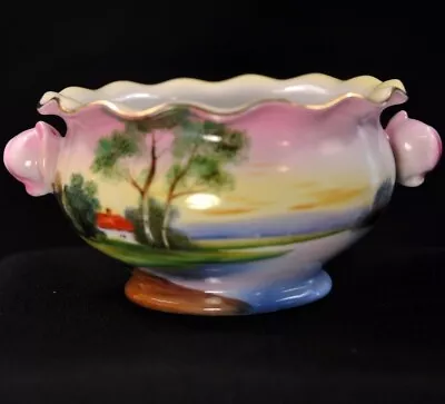 Buy Noritake Rose Bud Handle Bowl Hand Painted Tree House Lake Meadow Gold 1918-1931 • 59.53£