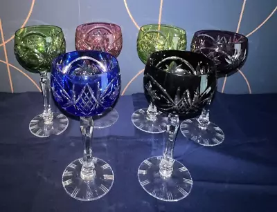 Buy 6x Bohemian Crystal Coloured Clear Cut Wine/Hock Glasses • 120£