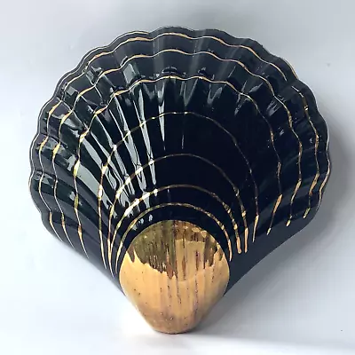 Buy Vintage Shell Wall Pocket Vase Pottery Black & 22ct Gold Art Deco Style 1950/60s • 20£