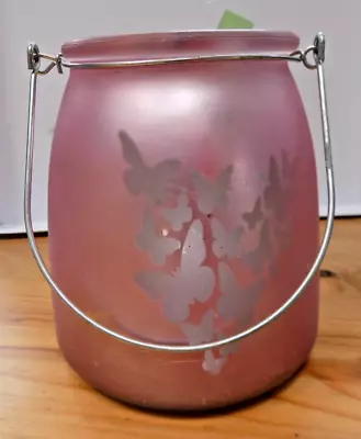 Buy Vintage CANDLE HOLDER Pink Glass Butterfly Decorated Tea Light With Handle 5ins • 7.99£