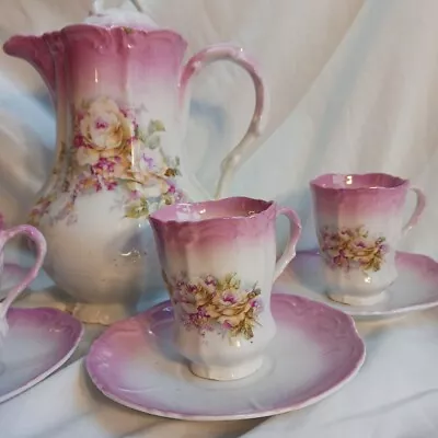 Buy Antique Porcelain Tea Set Pink Roses Dainty Service For 4 Cups, Saucers, Tea Pot • 38.06£