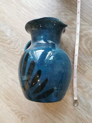 Buy Pottery Jug Handmade Blue With Black Leaf Silhouettes  • 10£