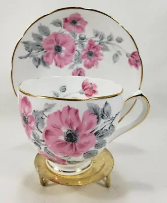 Buy Duchess Fine Bone China Teacup & Saucer Pink Flowers Gray Stems Made In England • 23.67£