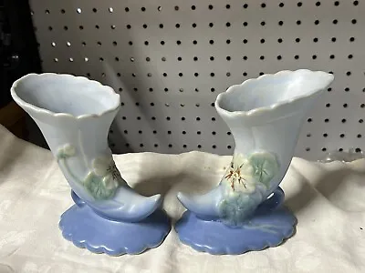 Buy Weller Pair Antique Art Pottery Cornucopia Horn Plenty Vase Blue Yellows Flowers • 54.77£