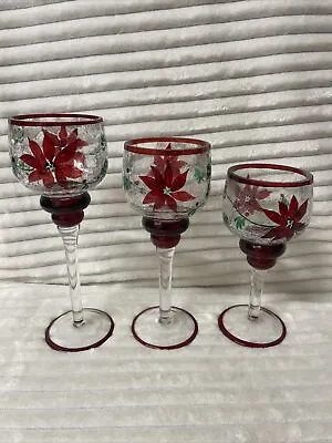 Buy Set Of 3 Vintage Crackle Glass Tall Xmas Candle Tealight Holders • 34.99£