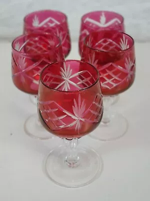 Buy 5 Small Etched Cranberry Glass Stemmed Wine Glasses • 4.99£