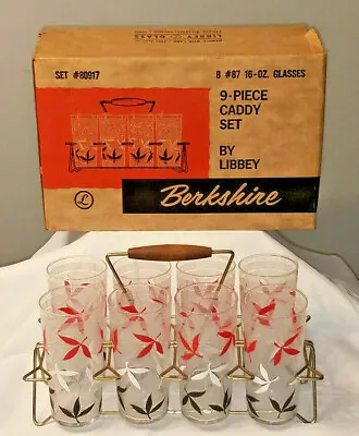 Buy Vintage 1950's 60's Libbey Drinking Glass Set 8 - 16oz Glasses W/ Caddy #80917 • 66.38£