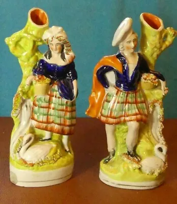 Buy Antique Victorian Staffordshire Pottery Spill Vase Pair - Scottish Lass And Lad • 24£