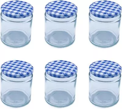 Buy Round Glass Jam Jars, 190ml (8oz) Blue Gingham Lid Preserve Chutney Honey Pickle • 10.99£