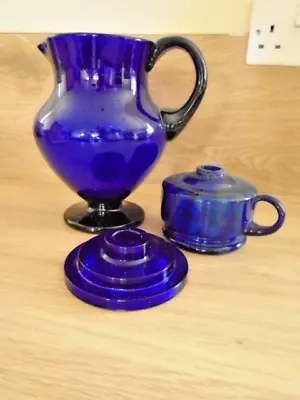 Buy Collection Of Cobalt Blue Glassware Jug, Candlestick And Oil Lamp Font • 50£