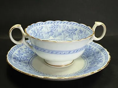 Buy Antique Cauldon Ware Brown Westhead Moore Blue Double Handled Cup With Saucer • 70£