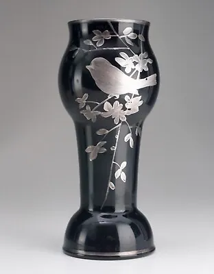 Buy Antique Bohemian Black Glass Vase Hand Painted Silver Decoration Deep Cobalt • 26.60£