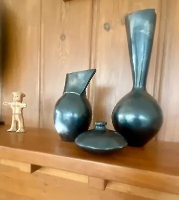 Buy Solid Black Glazed Pottery Squat Bud Vase Vessel From Peru 1920’s Art Deco Style • 141.75£