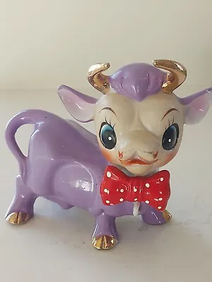 Buy Kitsch Purple Ceramic Cow Figurine Bow Gold Horns Vintage Mid Century Big Eyes • 22£