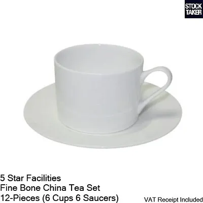 Buy Fine Bone China Tea Set (6 Cups & 6 Saucers) Plain White Modern (VAT Invoice) • 29.95£