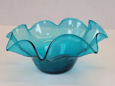 Buy Vintage Blenko Glass Bowl Crackle Fluted Crimped Blue 9   • 31.64£