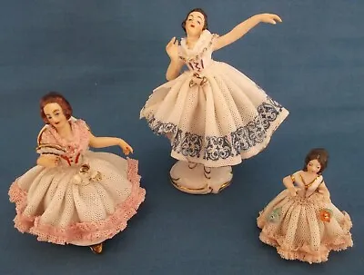 Buy Antique Vintage Dresden Lace Ladies Three Porcelain Figurines Germany • 45£