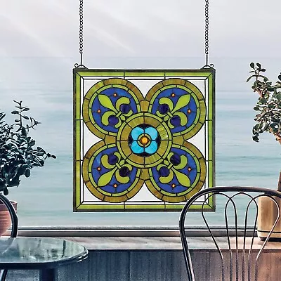 Buy 17  X 17  Tiffany Style Stained Glass Royal Fleur De Lis Hanging Window Panel  • 237.44£