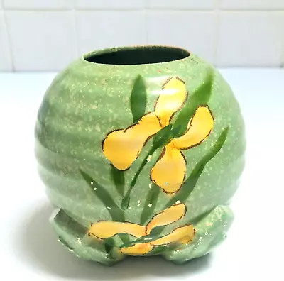 Buy Vintage Sylvac Art Deco Green Round Flower Vase Painted Yellow Magnolias • 12.99£