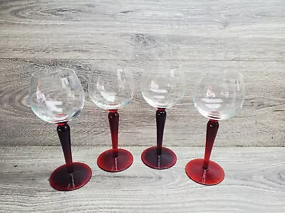 Buy 4 Vtg Ruby Red Stemed Clear Glass Wine Glass Handblown  • 21.89£