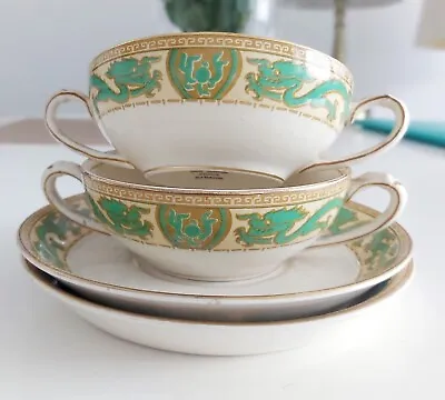 Buy Porcelain Booths Green Dragon On Beige Silicon China/Soup Cup & Saucer- 2 Pair • 14.50£