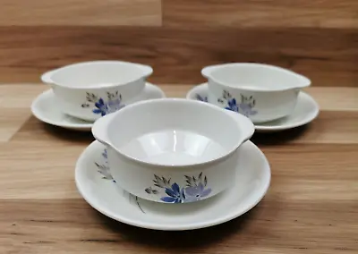 Buy 3 X Vintage Woods And Sons England Alpine White Floral Soup Bowls & Saucers • 12.99£