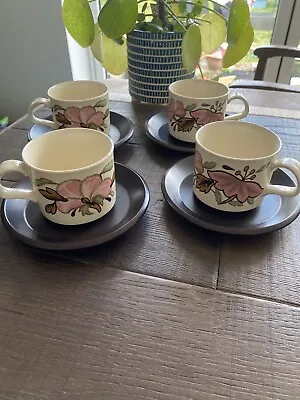 Buy Mid Century Vintage Royal Worcester Palissy ‘Lotus Blossom’ Cups & Saucers X 4 • 14.95£