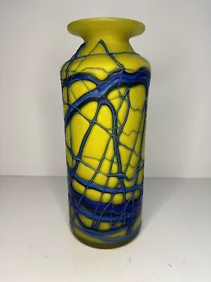 Buy VTG Azerbaijan Glassware Art Vase Yellow W/ Blue Glass Strands Overlay Crack** • 61.62£