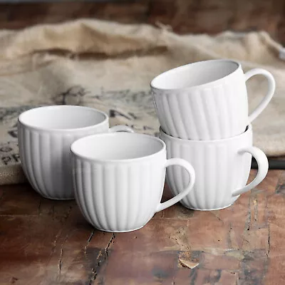 Buy Set Of 4 Large Coffee Mugs White 420ml Ribbed Stoneware Modern Latte Tea Cups • 24.50£