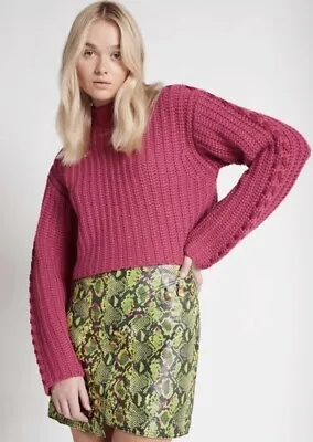 Buy AJE Delphine Chunky Knit Jumper Fuchsia Pink Funnel Neck Wool Blend Size L • 121.08£