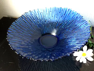 Buy 25cm Vintage Cobalt Blue Glass Fruit Bowl Scalloped Edge Dish Icicle Design Bowl • 12£
