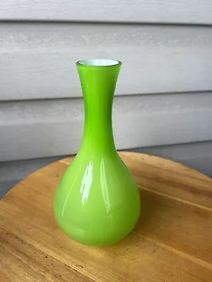 Buy Hand Blown Lime Green White Cased MCM Style Bulbous Art Glass Vase 8.5” • 23.98£