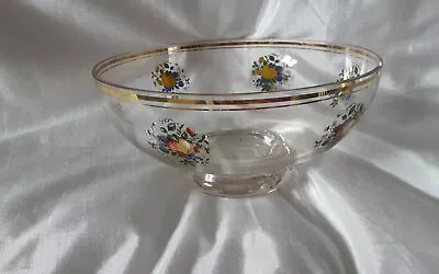 Buy Vintage 1960s Glass Bowl With Fruit Decoration & Gold Colour Trim Diameter 21cm • 5.95£