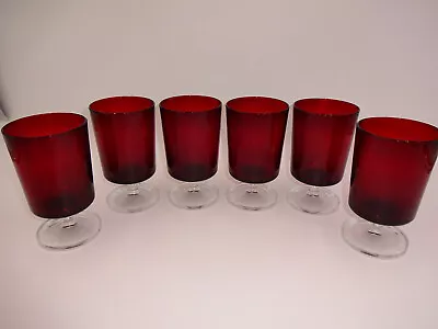 Buy Set Of 6 Vintage Ruby Red Clear Glass Arcoroc Footed Drinking Glasses 5  France • 23.97£
