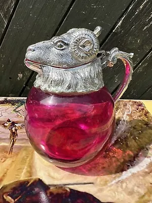 Buy Cranberry Glass & Silver Plated Ram Head Claret Jug Decanter • 350£