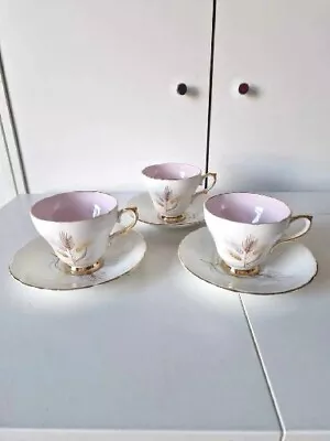 Buy Sutherland Staffordshire Vintage Tea Cups And Saucers X3 Gold Framed Gold Wheat  • 24£