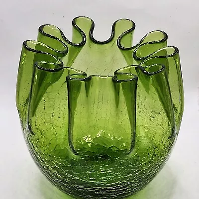 Buy Vintage Green Crackle Crimped Rim Vase • 37.46£