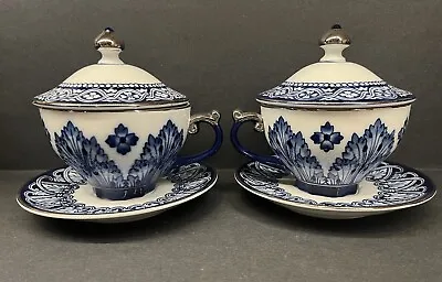Buy TWO Bombay CO, Blue & White Covered Teacups/Soup Cups With Saucers-Grace Pattern • 75.95£