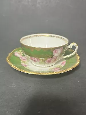 Buy Antique Elite Works Limoges Green With Pink Roses Fine China Cup & Saucer Set • 43.43£